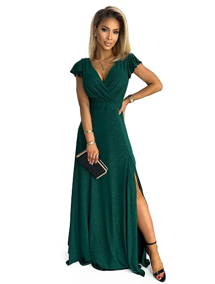 CRYSTAL Dlouhé lesklé dámské šaty v lahvově zelené barvě s výstřihem model 18025634 - numoco