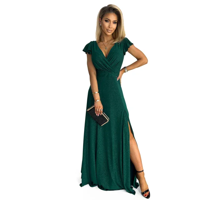 411-1 CRYSTAL třpytivé dlouhé šaty s výstřihem - BOTTLE GREEN 411-1 CRYSTAL třpytivé dlouhé šaty s výstřihem - BOTTLE GREEN