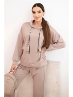 Sada dámská máslová mikina s kapucí a kalhoty s páskem tmavě béžová