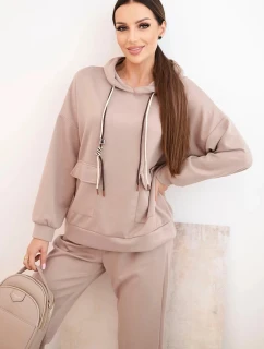 Sada dámská máslová mikina s kapucí a kalhoty s páskem tmavě béžová