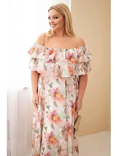 Dámské plus size maxi šaty s volánem model 22092388 a elastickým pasem béžové - K-Fashion