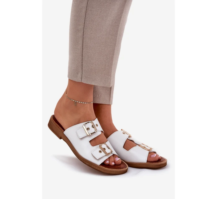 Kožené Ploché Sandály S Přezkami Bílé Zazoo 3020