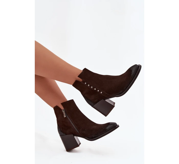 Dámské kotníkové boty z přírodního semiše na podpatku Zazoo 1136 čokoládové