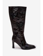 Zdobené Lakované Kozačky Dámské Na Podpatku model 21713951 Černé - D&A