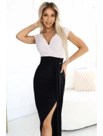 451-3 Třpytivé šaty s krátkými rukávy, výstřihem a rozparkem na nohou - černé a béžové s třpytkami