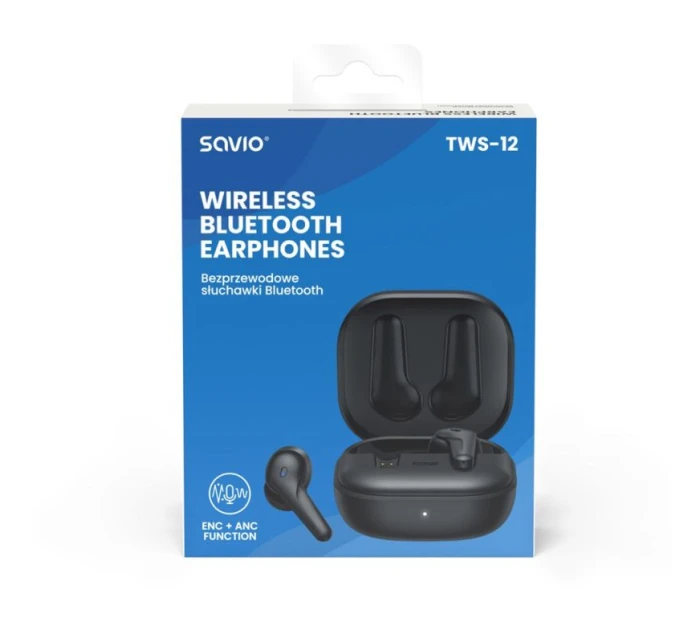 SAVIO BEZDRÁTOVÁ BLUETOOTH SLUCHÁTKA 5.3 S MIKROFONEM, ANC, ENC, QC TWS-12