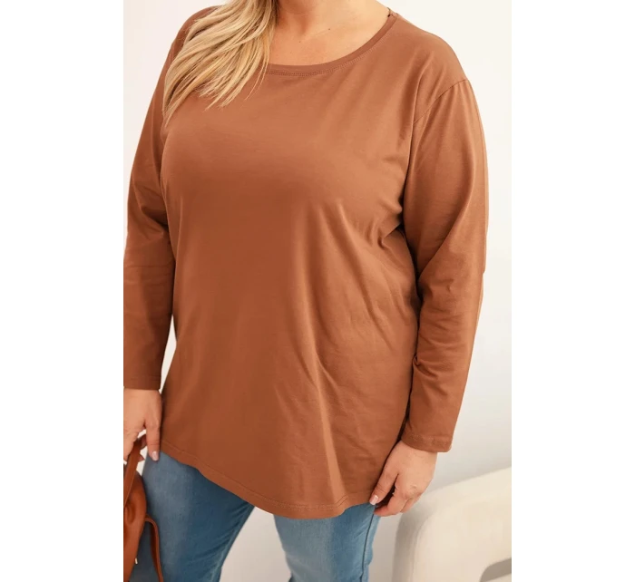 Dámská blůza Plus Size bavlněná s kulatým výstřihem camelová