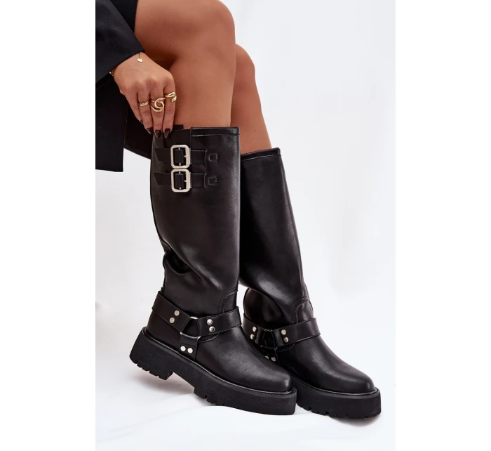 Kožené dámské kozačky s přezkami zateplené Big Star model 21758949 černé - Big Star Shoes Kožené dámské kozačky s přezkami zateplené Big Star model 21758949 černé - Big Star Shoes