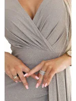 Třpytivé dlouhé šaty s výstřihem a rozparkem na nohou GREY s třpytkami model 21008336 - numoco