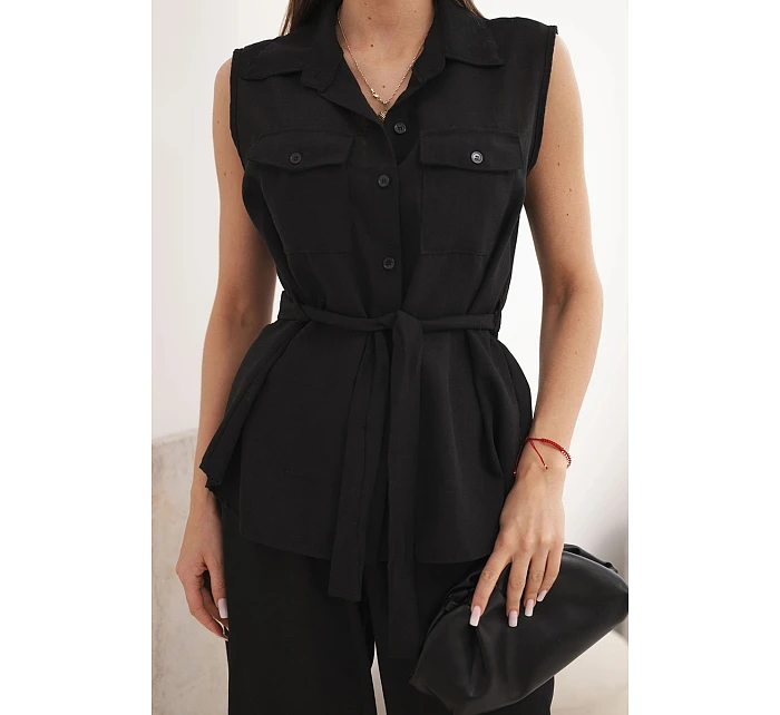 Dámský komplet s vázanou halenkou a širokými kalhotami černý