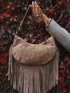 Kožená semišová kabelka s třásněmi tmavě béžová model 21718651 - Boto