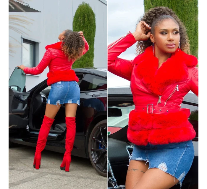 Dámská sexy kožená bunda s umělou kožešinou J930 Červená - In-Stylefashion