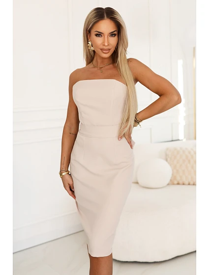 642-3 Korzetové tužkové midi šaty s páskem - béžové 642-3 Korzetové tužkové midi šaty s páskem - béžové