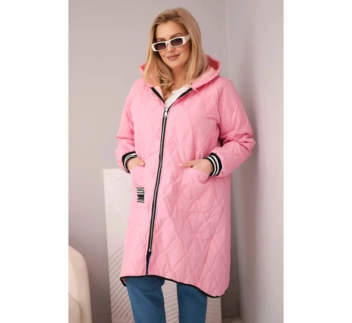 Dámská bunda Plus Size prošívaná s kapucí a sportovními manžetami světle růžová