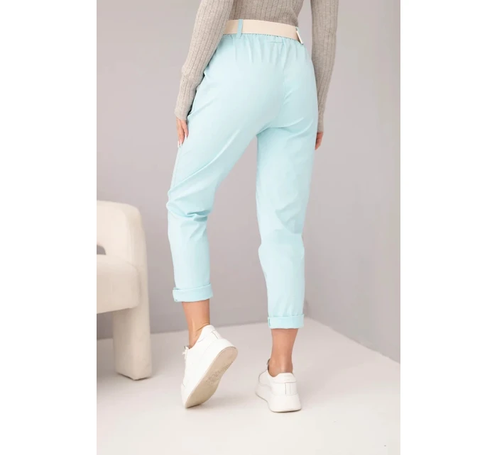 Dámské bavlněné kalhoty s páskem a ohrnutým nohavicí mátové