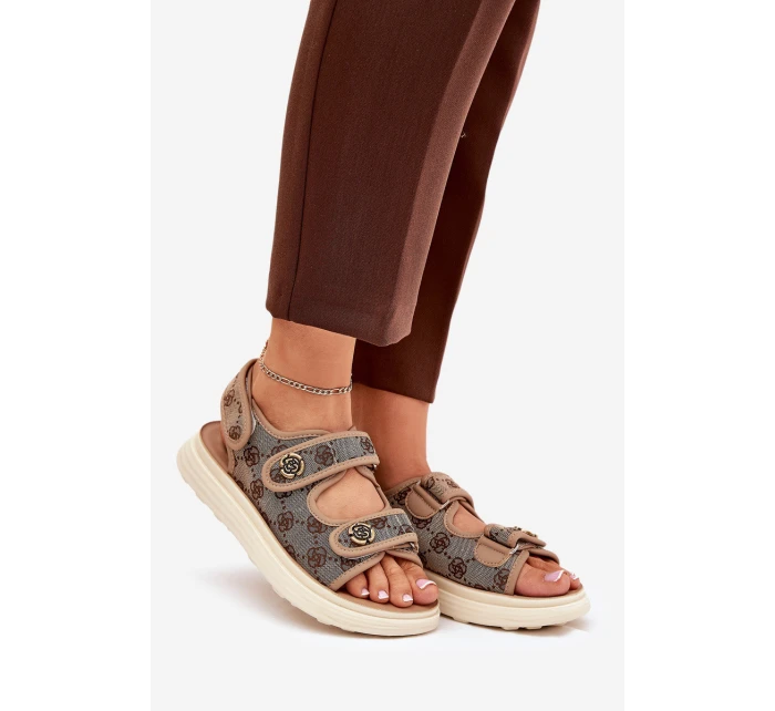 Dámské Vzorované Textilní Sandály Se Zlatými Detaily Khaki Pefese Dámské Vzorované Textilní Sandály Se Zlatými Detaily Khaki Pefese