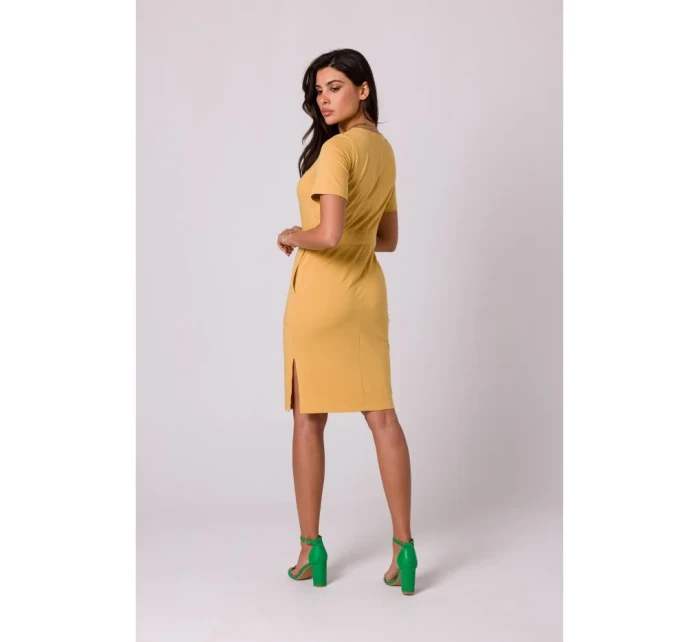 B263 Bavlněné šaty s kapsami - medové