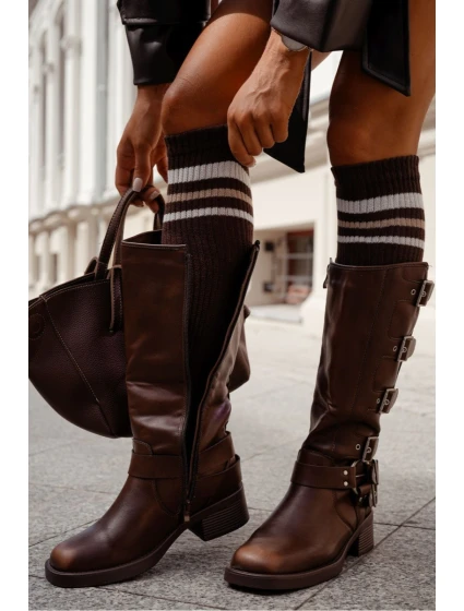 Dámské podkolenky v žebrování s proužky – čokoládové