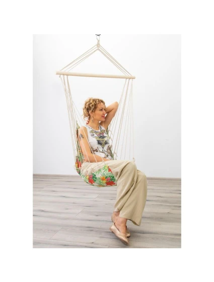 BRAZILSKÁ ZÁVĚSNÁ SEDAČKA HAMAK 100x50CM NATURE S TROPICKÝMI DŽUNGLOVÝMI PODRUČKAMI