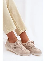Kožené semišové dámské tenisky s otvory Béžové model 22100230 - Boto Kožené semišové dámské tenisky s otvory Béžové model 22100230 - Boto