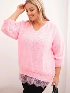 Dámská souprava svetr s výstřihem do V a viskózová halenka s krajkovým spodním lemem model 21798773 růžová - K-Fashion