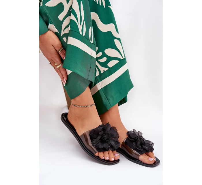 Průhledné Ploché Pantofle Dámské Se Umělou Květinou Černé Vobetta Průhledné Ploché Pantofle Dámské Se Umělou Květinou Černé Vobetta