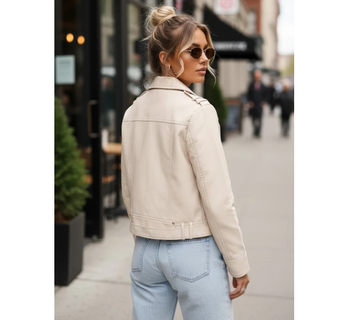 Ramoneska damska skórzana z zamkami beżowa FashionStreet TY5643