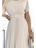 Béžové plisované dámské midi šaty se širokým opaskem model 18606893 - numoco basic