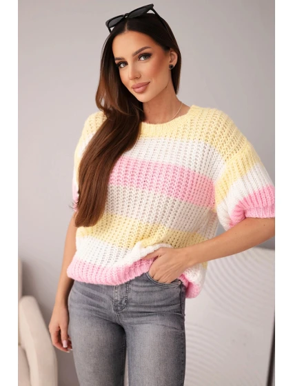 Dámský model 21949242 s krátkým rukávem v barevných pruzích žlutý - K-Fashion