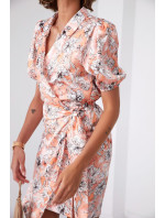 Obálkové šaty s květinovým potiskem s límečkem ve světle oranžové barvě