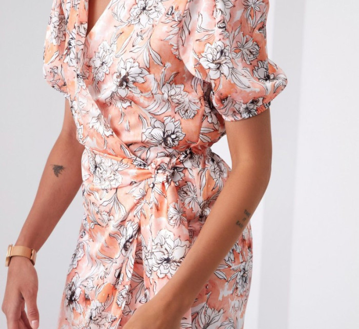 Obálkové šaty s květinovým potiskem s límečkem ve světle oranžové barvě