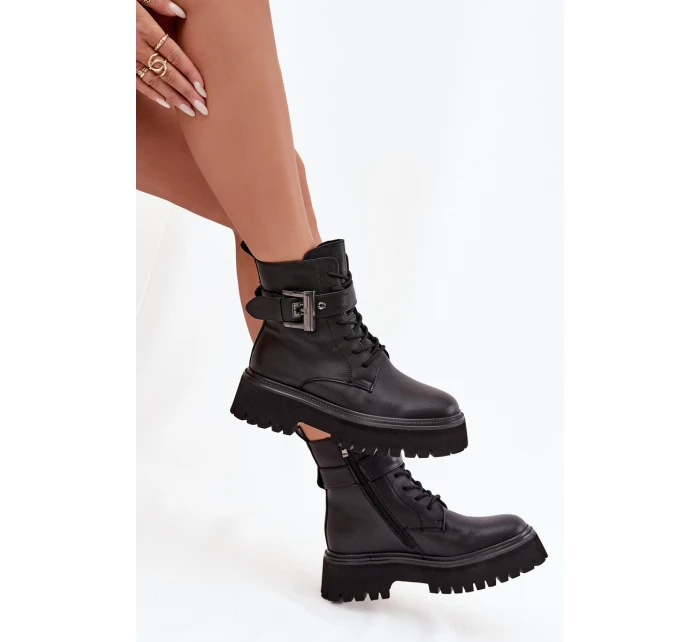 Kožené workery dámské zateplené s ozdobnou sponou D&A model 21715550 Černé - S.Barski