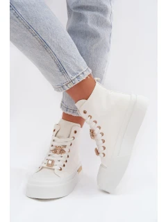 Dámské plátěné tenisky na platformě s ozdobnými připínkami – bílé Gracella