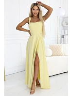 dlouhé šaty s rozparkem a výstřihem typu  žluté s třpytkami model 22092786 - numoco