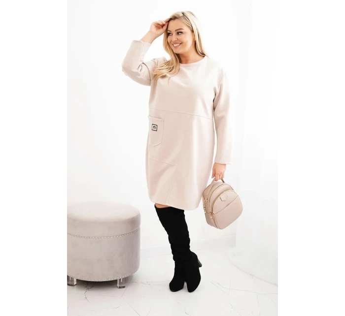 Dámské šaty Plus Size model 21486222 s kapsou a rukávem 3/4 béžový - K-Fashion