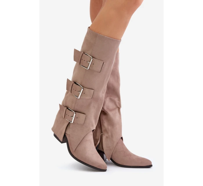 Kozačky Na Podpatku S Otočeným Svrškem A Přezkami Béžové Vamissa