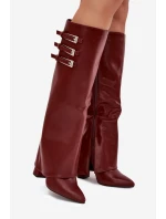 Dámské Kozačky Na Podpatku  Pásky S Přezkami Bordové model 21704830 - Boto
