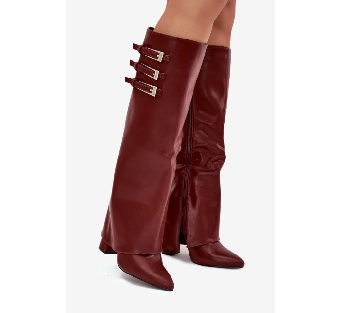 Dámské Kozačky Na Podpatku  Pásky S Přezkami Bordové model 21704830 - Boto