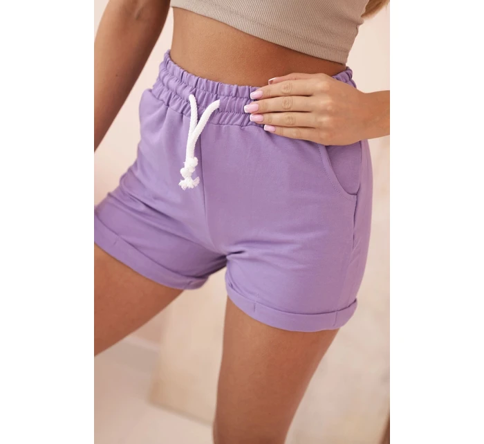 Dámské bavlněné šortky s gumou a zavazováním v pase fialové Dámské bavlněné šortky s gumou a zavazováním v pase fialové