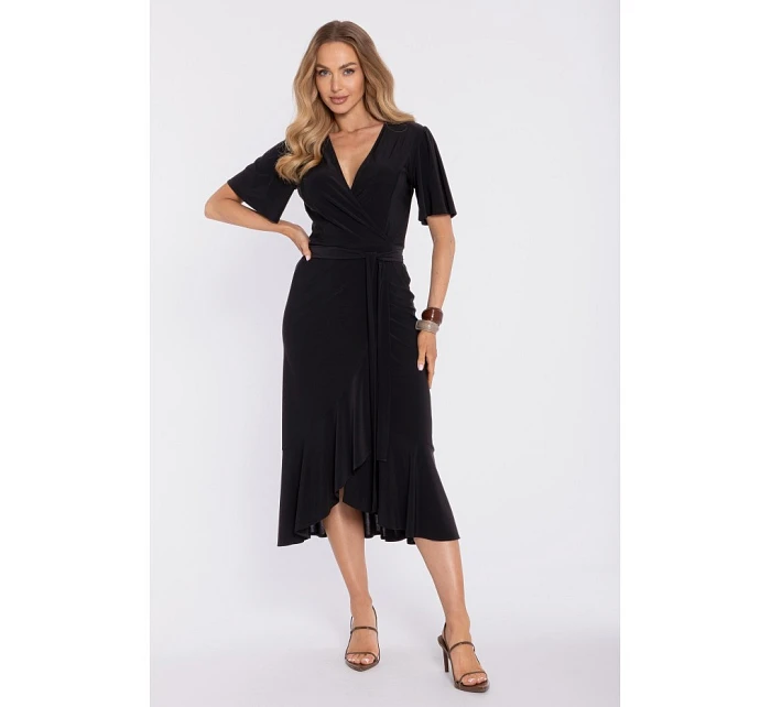 model 22040677 Zavinovací midi šaty s volánem a řasením černé - Moe