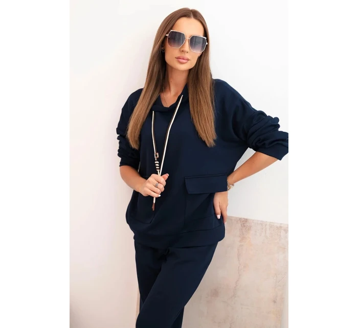 Komplet dámský máslový mikina s kapucí a kalhoty s páskem modrý Komplet dámský máslový mikina s kapucí a kalhoty s páskem modrý