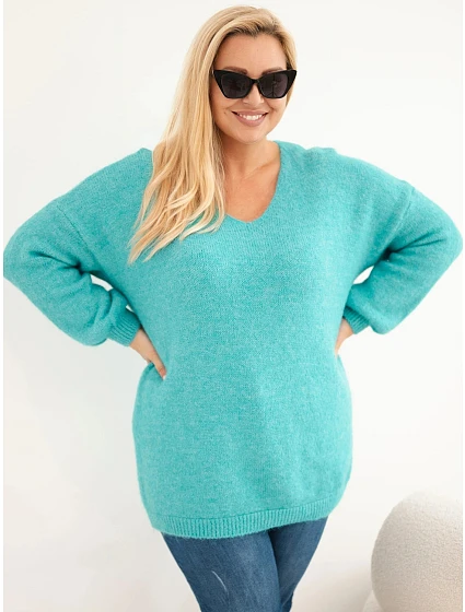 Dámský svetr Plus Size s vlnou a výstřihem do V mátový Dámský svetr Plus Size s vlnou a výstřihem do V mátový