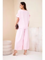 Dámský viskózový komplet s halenkou s potiskem a kalhotami cukrově růžová