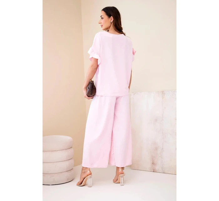 Dámský viskózový komplet s halenkou s potiskem a kalhotami cukrově růžová