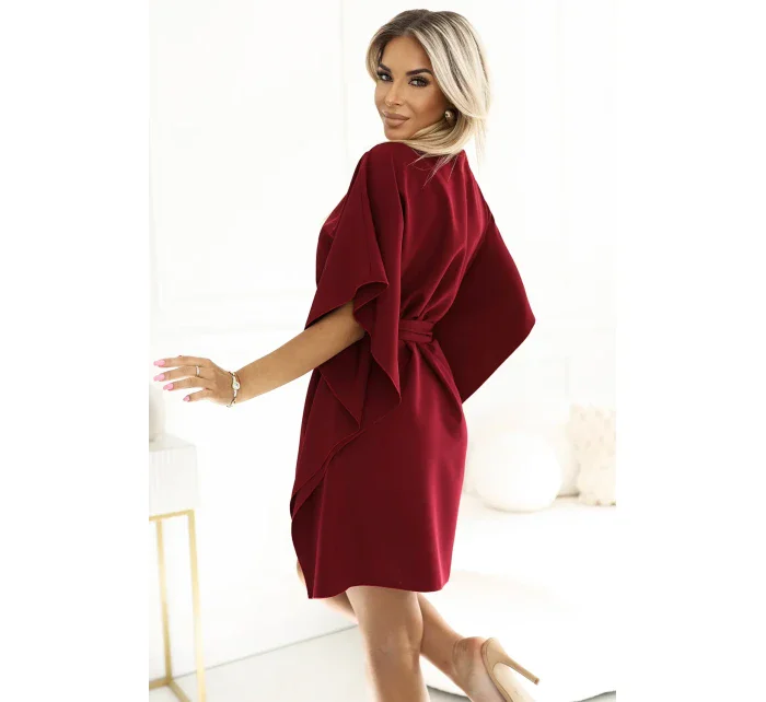287-34 SOFIA Dámské motýlí šaty se zavazováním v pase - Bordeaux