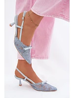 Dámské krajkové sandály na podpatku s mašlí Modré model 22107296 - Boto