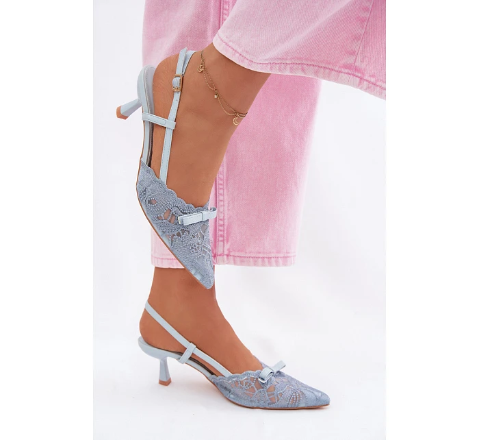 Dámské krajkové sandály na podpatku s mašlí Modré model 22107296 - Boto