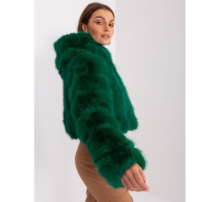 Tmavě zelená krátká bunda z umělé kožešiny
