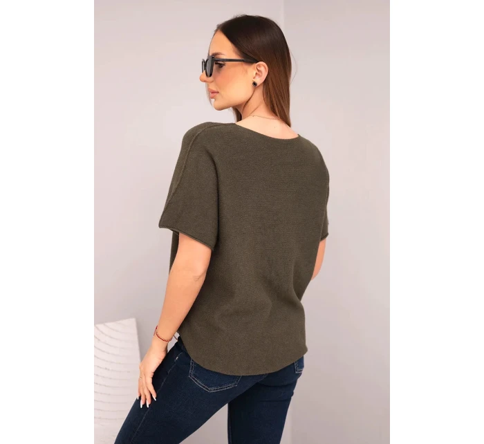 Dámská svetr s krátkým rukávem a výstřihem do V khaki