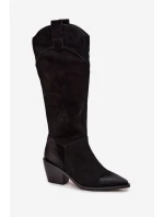 Dámské kozačky na podpatku z přírodní broušené kůže Artiker – černé